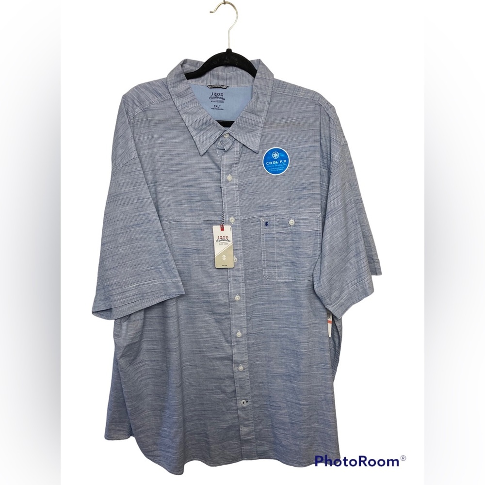 Izod Saltwater Relaxed blue striped short sleeve button up shirt. 3XL Tall